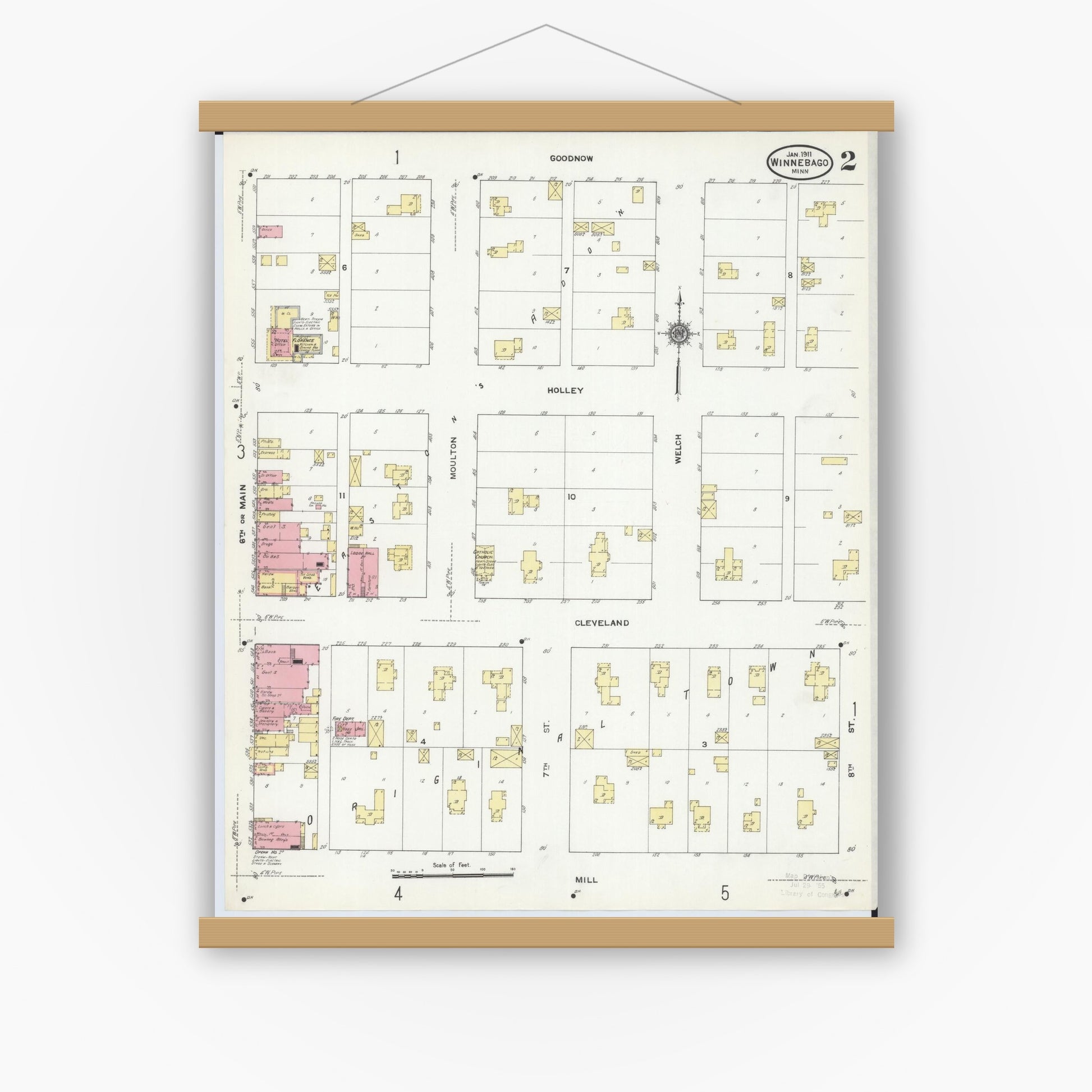 Old map wall art mockup — magnetic wood frame on white wall — Sanborn Fire Insurance Map from Winnebago, Faribault County, Minnesota (1911), Sheet #0002