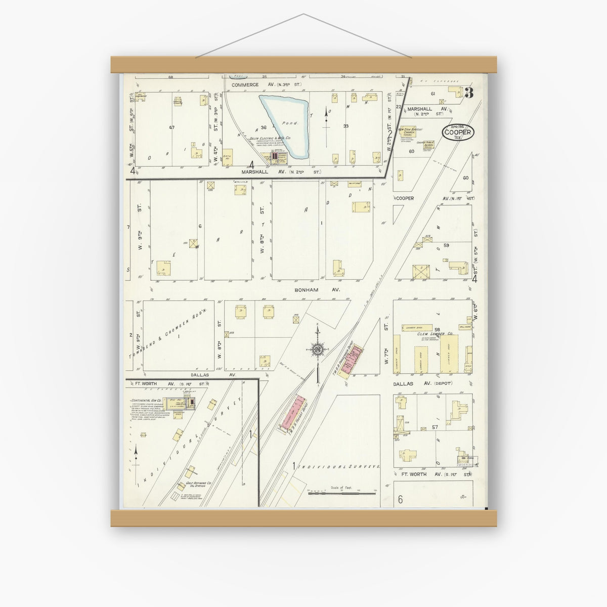 Old map wall art mockup — magnetic wood frame on white wall — Sanborn Fire Insurance Map from Cooper, Delta County, Texas (1914), Sheet #0003