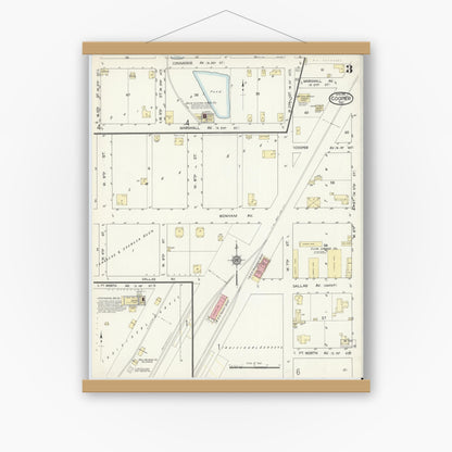 Old map wall art mockup — magnetic wood frame on white wall — Sanborn Fire Insurance Map from Cooper, Delta County, Texas (1914), Sheet #0003
