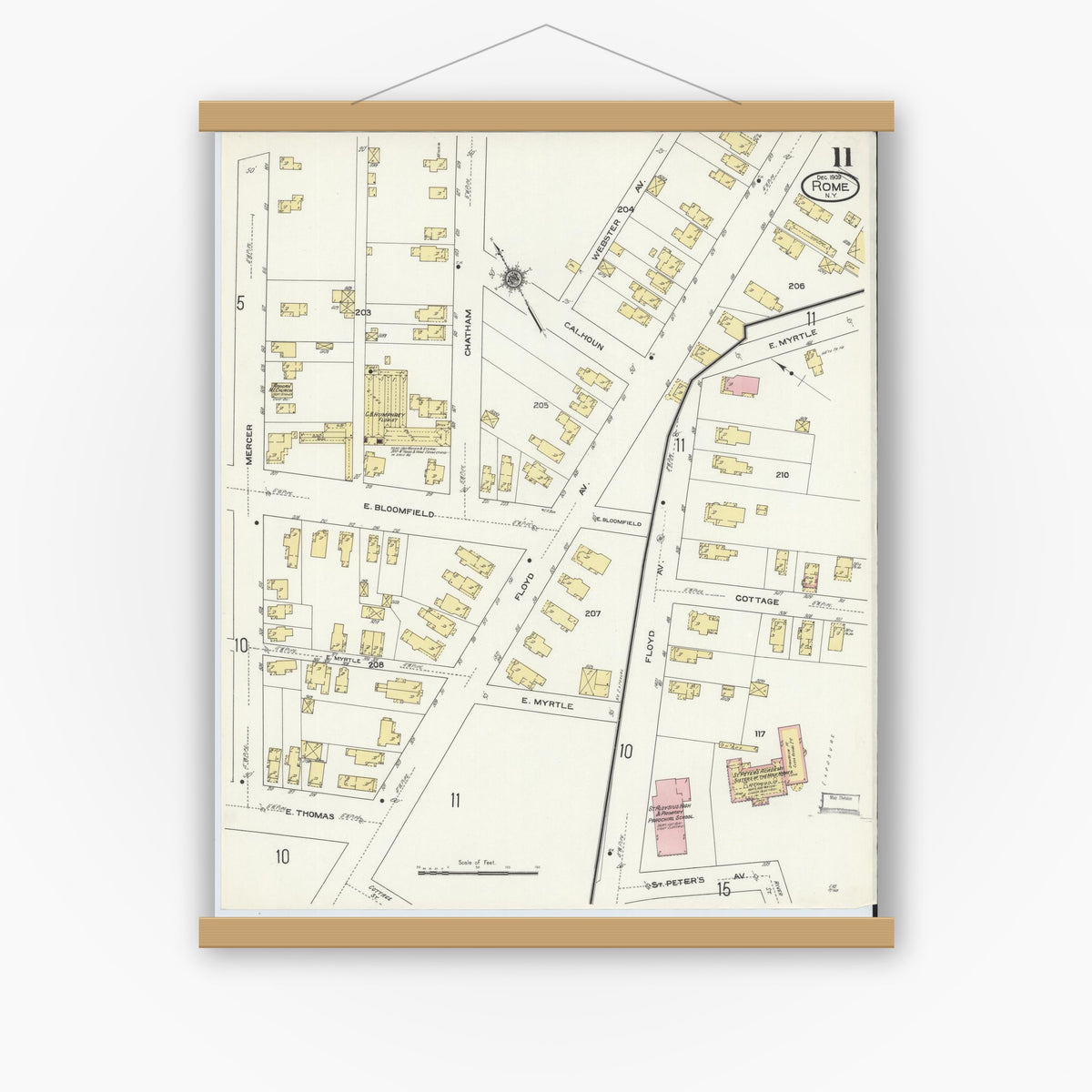 Old map wall art mockup — magnetic wood frame on white wall — Sanborn Fire Insurance Map from Rome, Oneida County, New York (1909), Sheet #0011