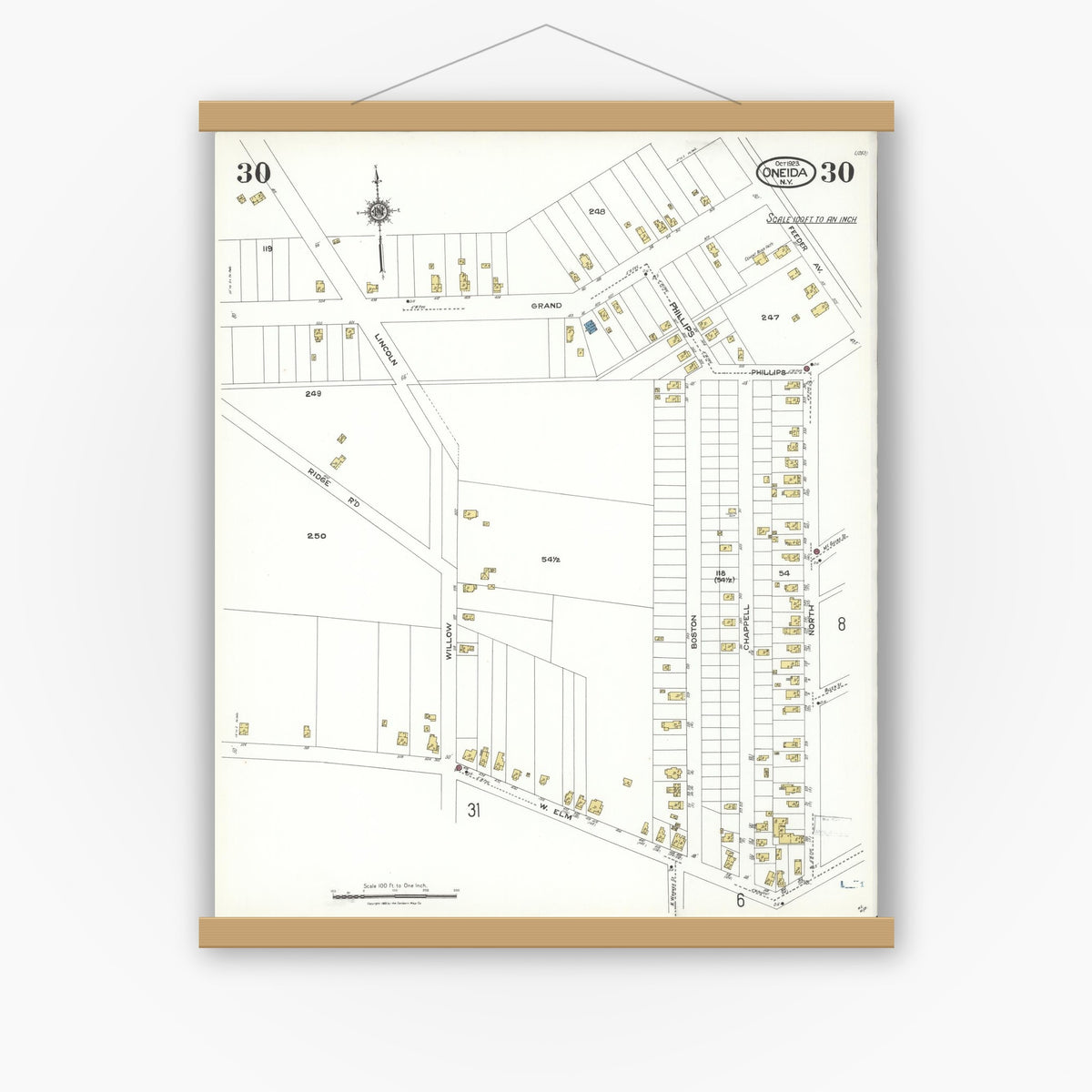 Old map wall art mockup — magnetic wood frame on white wall — Sanborn Fire Insurance Map from Oneida, Madison County, New York (1923), Sheet #0030
