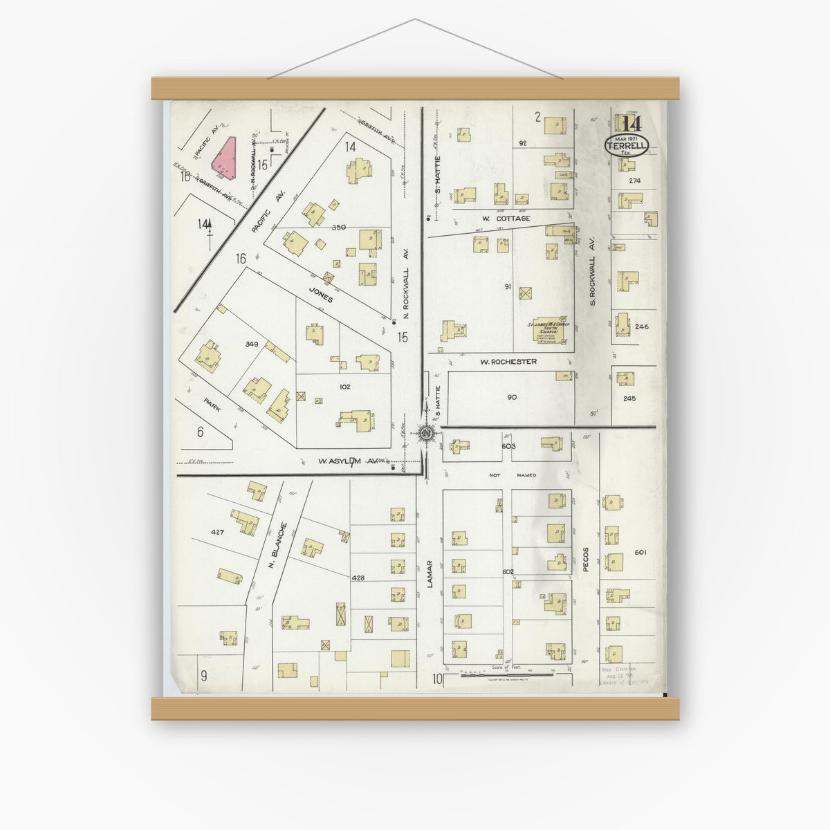Old map wall art mockup — magnetic wood frame on white wall — Sanborn Fire Insurance Map from Terrell, Kaufman County, Texas (1921), Sheet #0014