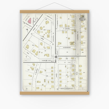 Old map wall art mockup — magnetic wood frame on white wall — Sanborn Fire Insurance Map from Terrell, Kaufman County, Texas (1921), Sheet #0014
