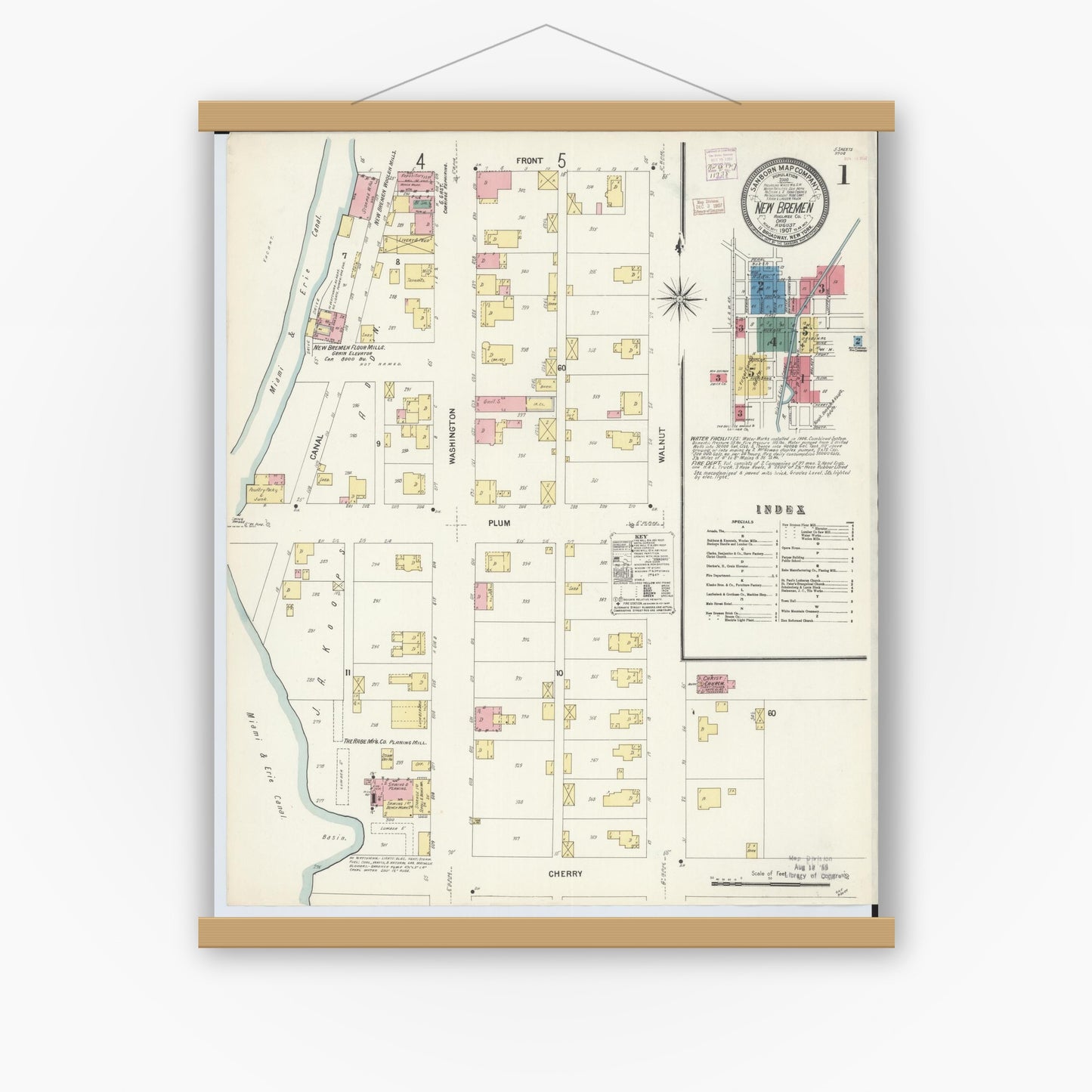 Old map wall art mockup — magnetic wood frame on white wall — Sanborn Fire Insurance Map from New Bremen, Auglaize County, Ohio (1907), Sheet #0001