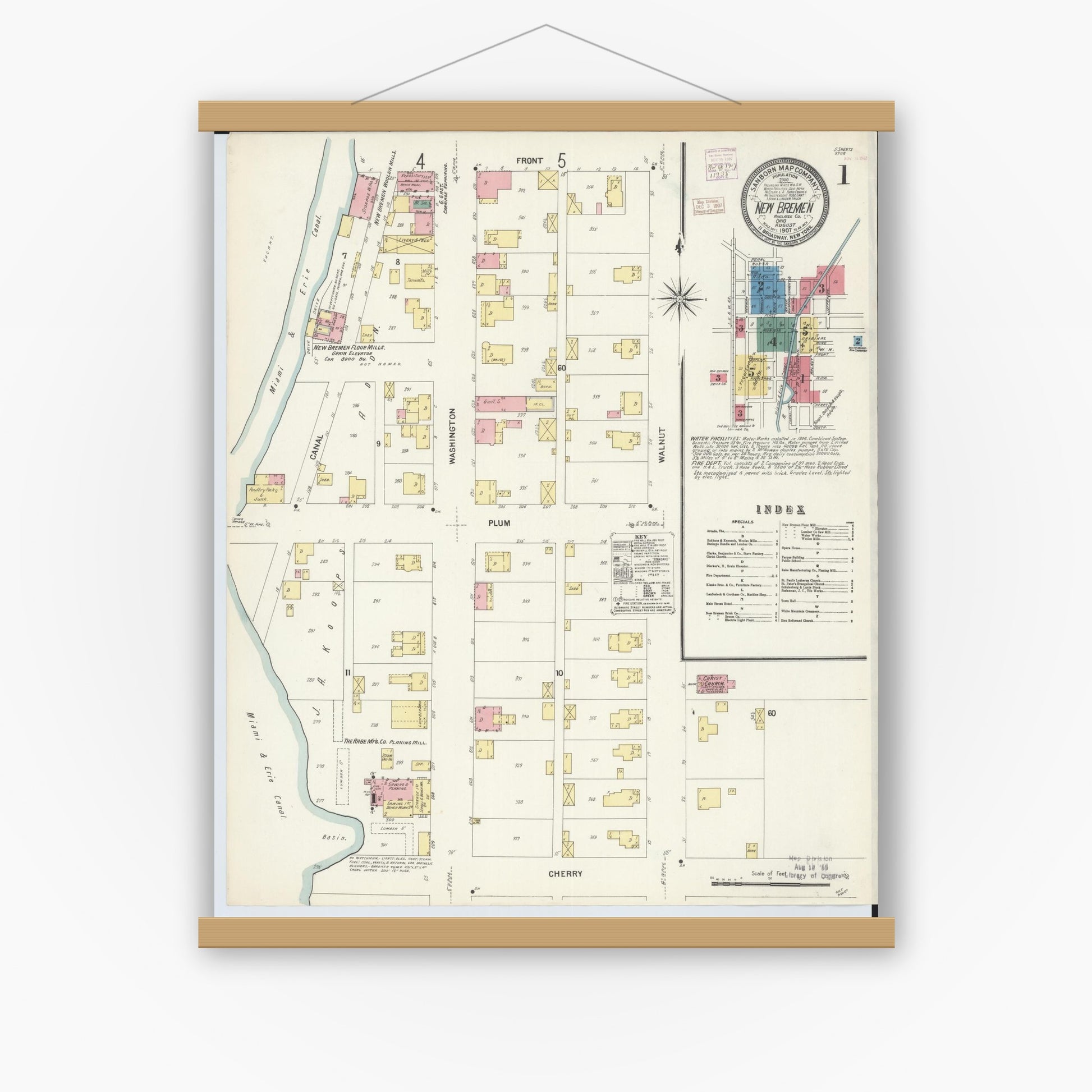 Old map wall art mockup — magnetic wood frame on white wall — Sanborn Fire Insurance Map from New Bremen, Auglaize County, Ohio (1907), Sheet #0001