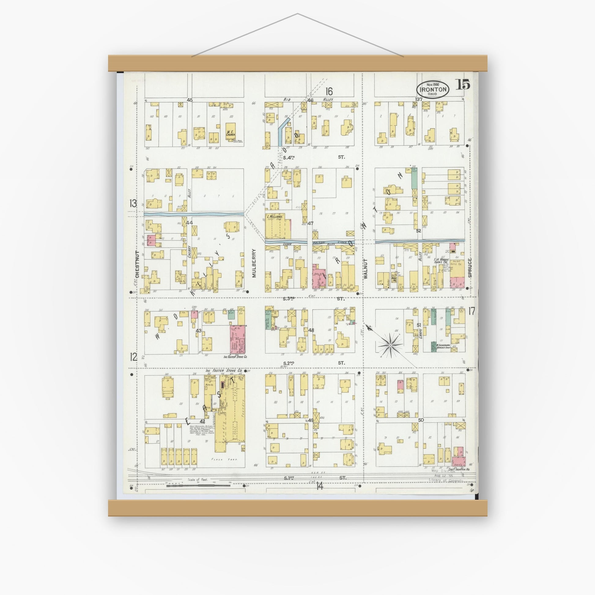 Old map wall art mockup — magnetic wood frame on white wall — Sanborn Fire Insurance Map from Ironton, Lawrence County, Ohio (1900), Sheet #0015
