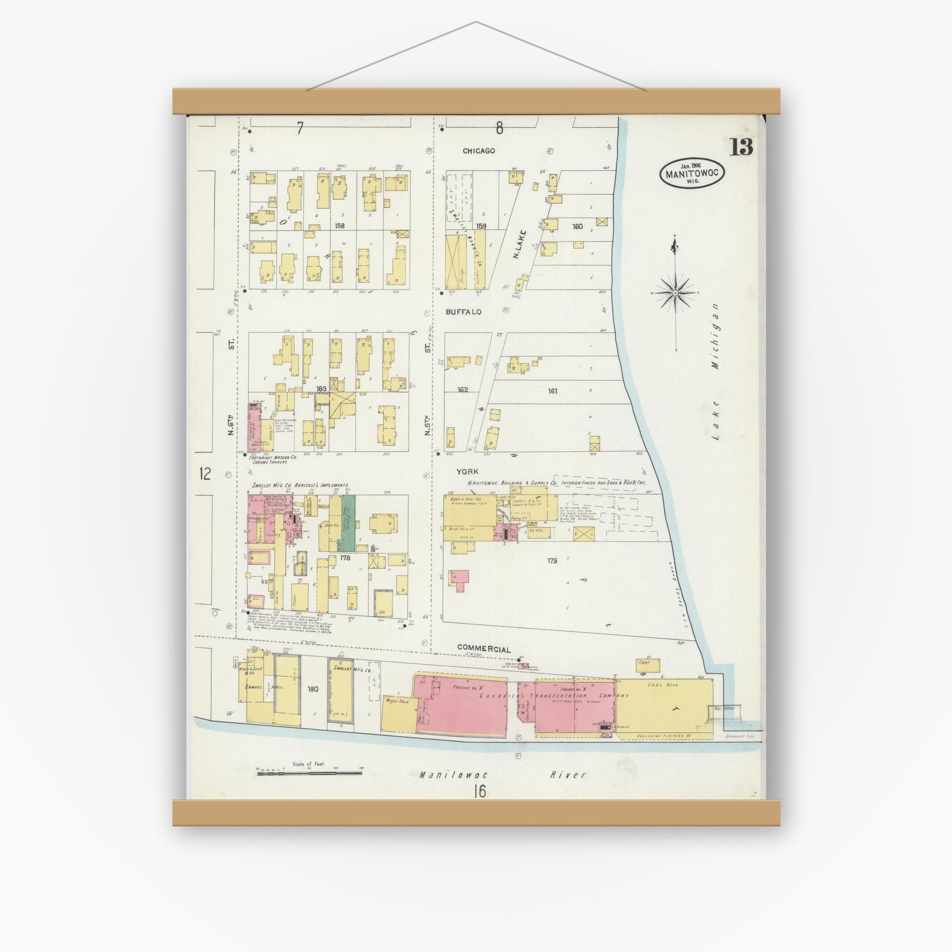 Old map wall art mockup — magnetic wood frame on white wall — Sanborn Fire Insurance Map from Manitowoc, Manitowoc County, Wisconsin (1906), Sheet #0013