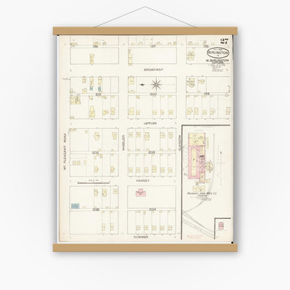 Old map wall art mockup — magnetic wood frame on white wall — Sanborn Fire Insurance Map from Burlington, Des Moines County, Iowa (1888), Sheet #0027