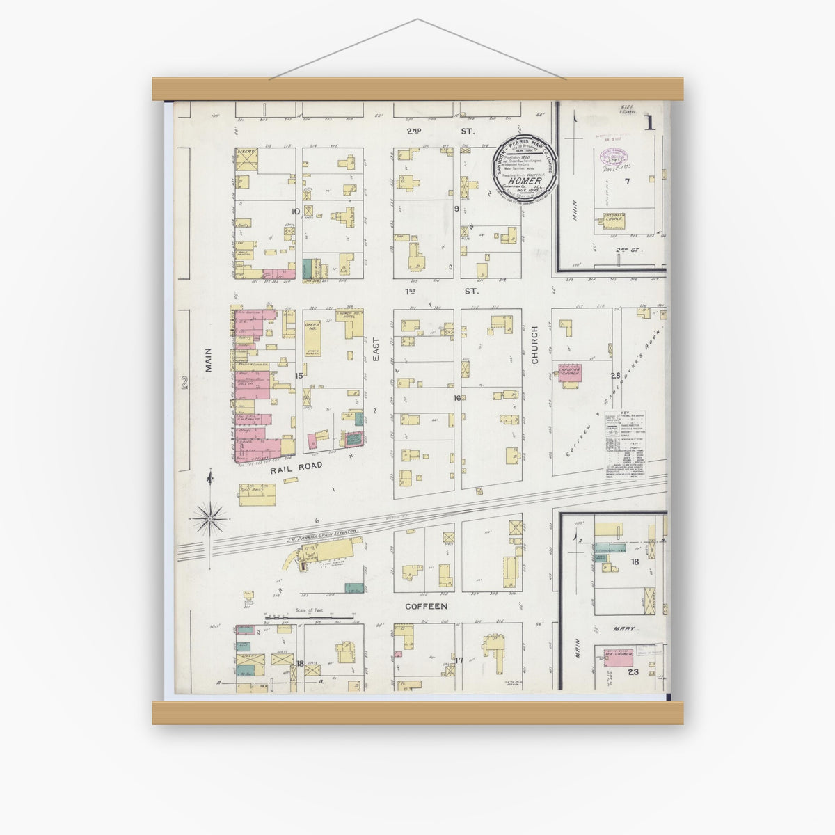 Old map wall art mockup — magnetic wood frame on white wall — Sanborn Fire Insurance Map from Homer, Champaign County, Illinois (1893), Sheet #0001