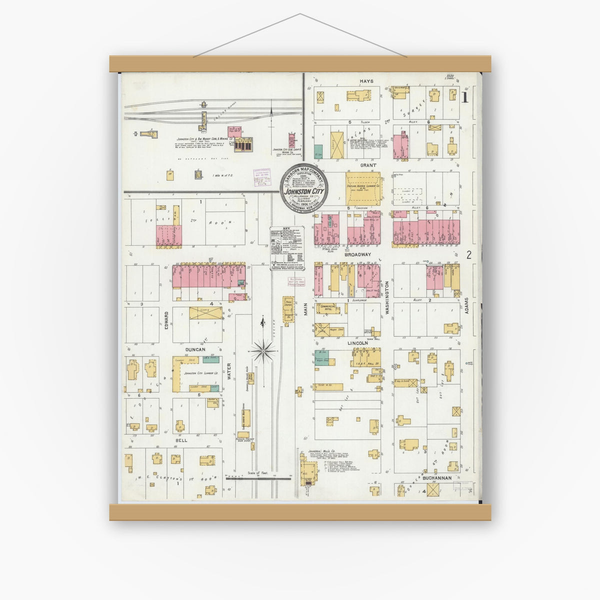 Old map wall art mockup — magnetic wood frame on white wall — Sanborn Fire Insurance Map from Johnston City, Williamson County, Illinois (1906) - Complete Map Set