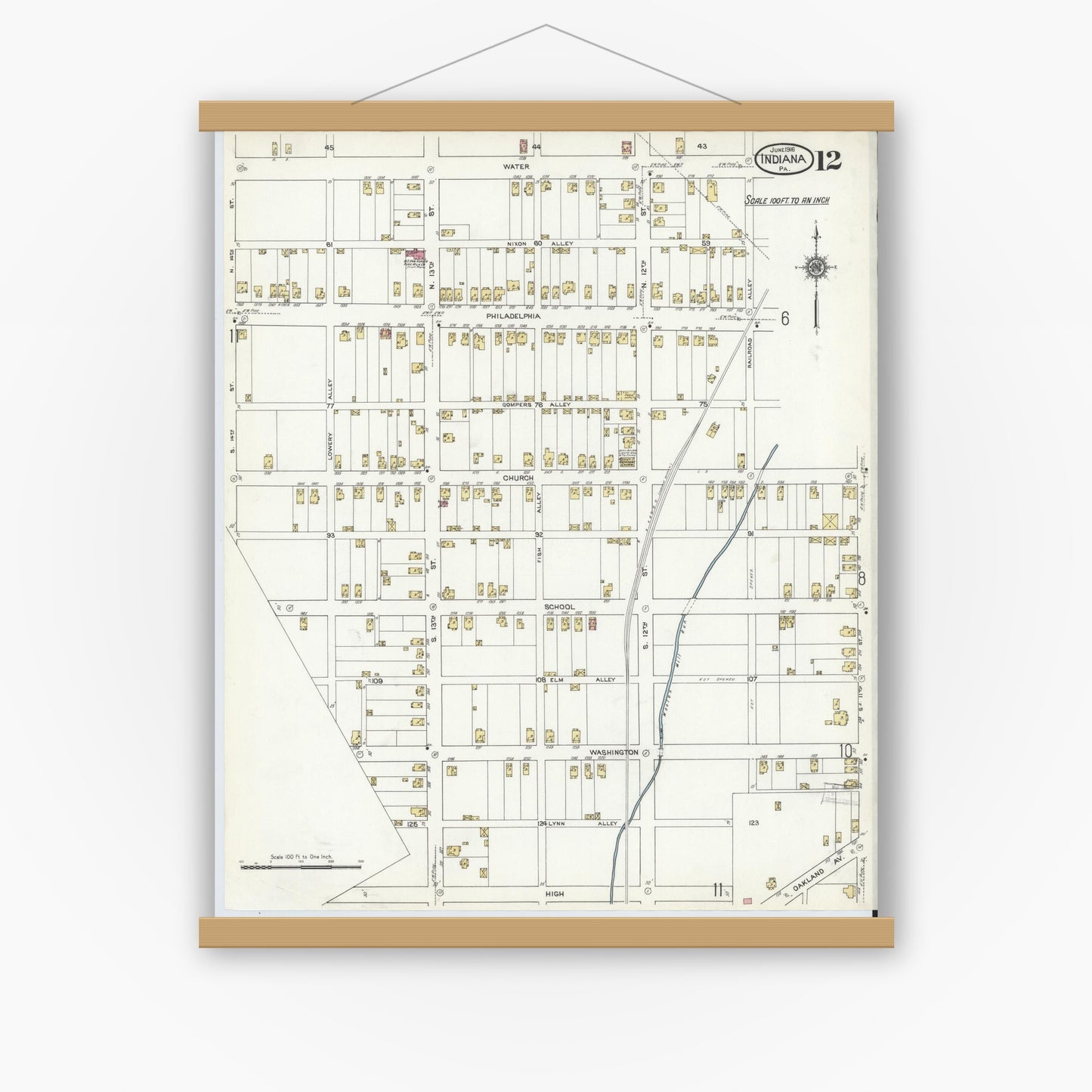 Old map wall art mockup — magnetic wood frame on white wall — Sanborn Fire Insurance Map from Indiana, Indiana County, Pennsylvania (1916), Sheet #0012