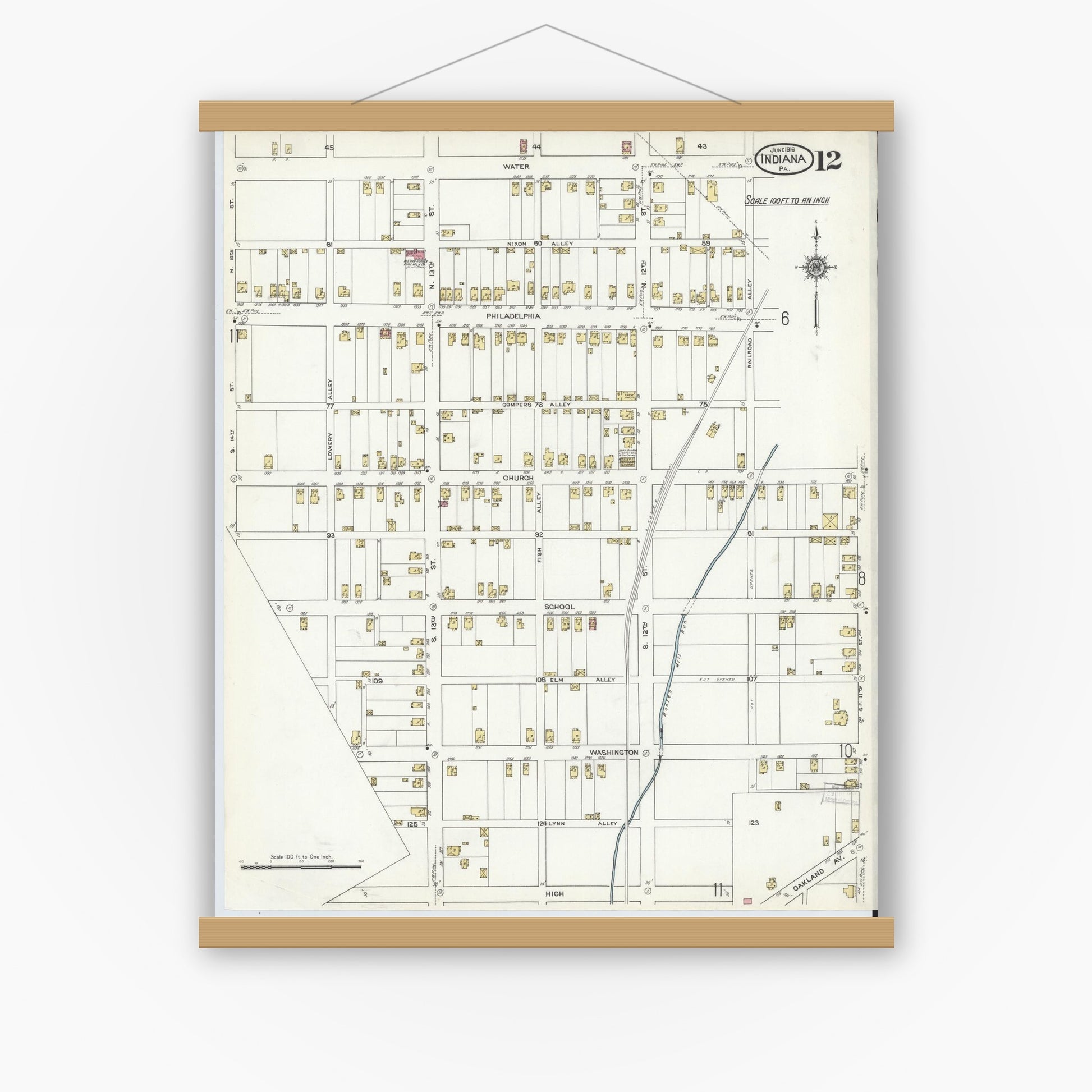Old map wall art mockup — magnetic wood frame on white wall — Sanborn Fire Insurance Map from Indiana, Indiana County, Pennsylvania (1916), Sheet #0012