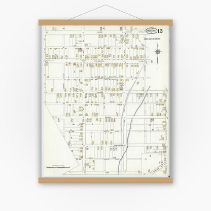 Old map wall art mockup — magnetic wood frame on white wall — Sanborn Fire Insurance Map from Indiana, Indiana County, Pennsylvania (1916), Sheet #0012