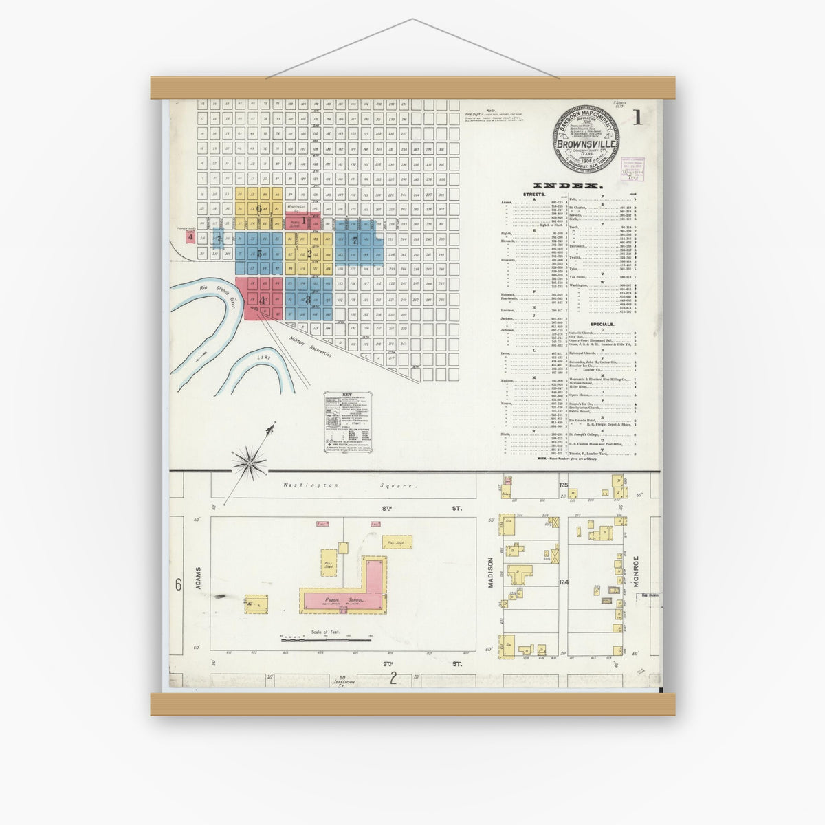Old map wall art mockup — magnetic wood frame on white wall — Sanborn Fire Insurance Map from Brownsville, Cameron County, Texas (1906) - Complete Map Set