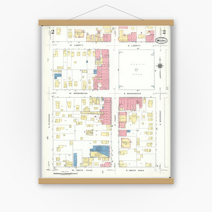 Old map wall art mockup — magnetic wood frame on white wall — Sanborn Fire Insurance Map from Medina, Medina County, Ohio (1923), Sheet #0002