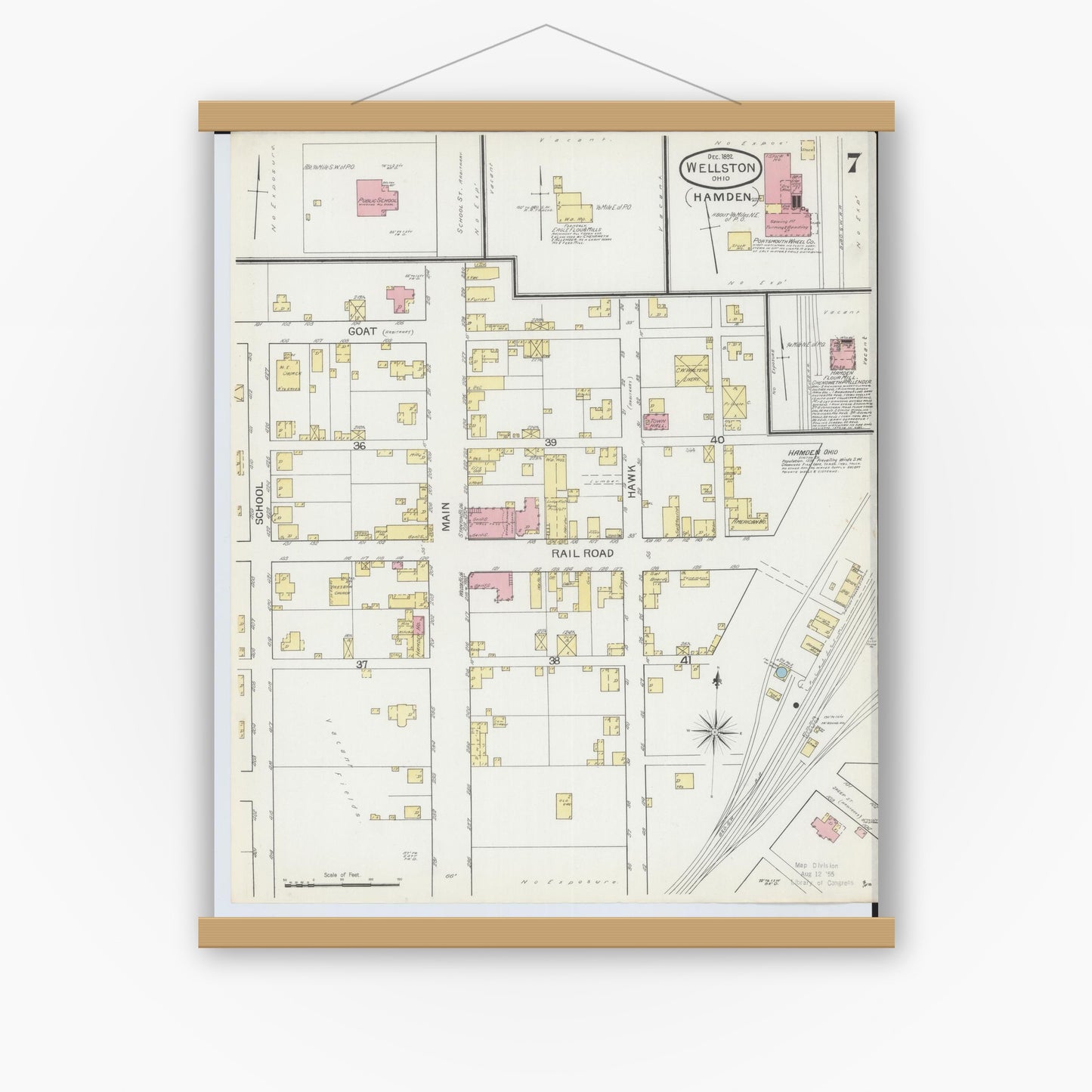 Old map wall art mockup — magnetic wood frame on white wall — Sanborn Fire Insurance Map from Wellston, Jackson County, Ohio (1892), Sheet #0007
