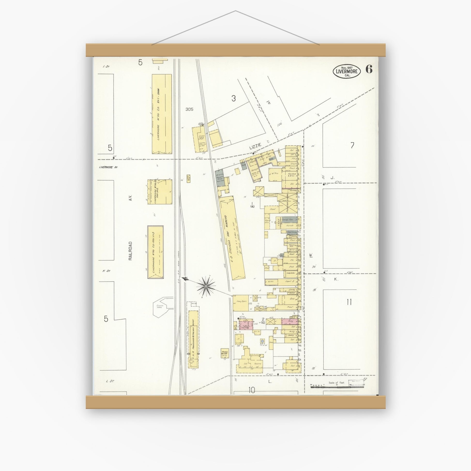Old map wall art mockup — magnetic wood frame on white wall — Sanborn Fire Insurance Map from Livermore, Alameda County, California (1907), Sheet #0006