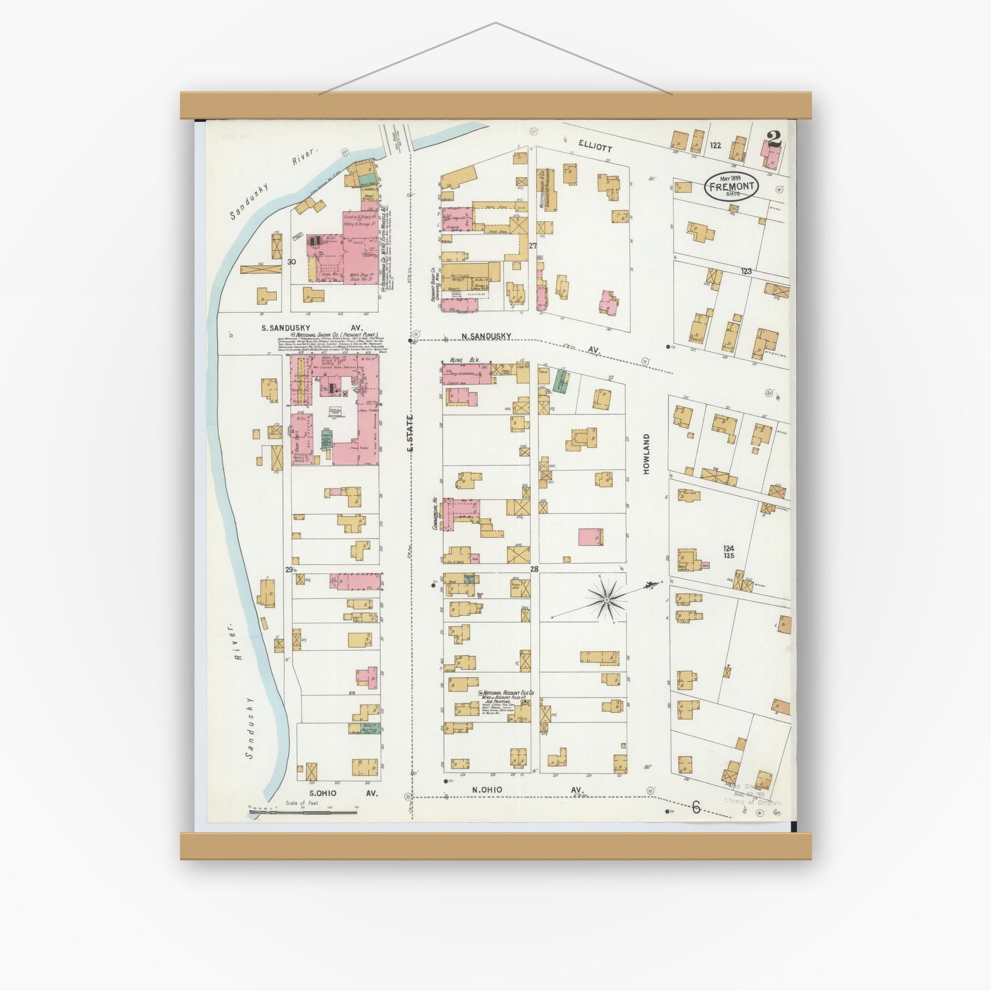 Old map wall art mockup — magnetic wood frame on white wall — Sanborn Fire Insurance Map from Fremont, Sandusky County, Ohio (1899), Sheet #0002