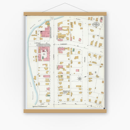 Old map wall art mockup — magnetic wood frame on white wall — Sanborn Fire Insurance Map from Fremont, Sandusky County, Ohio (1899), Sheet #0002