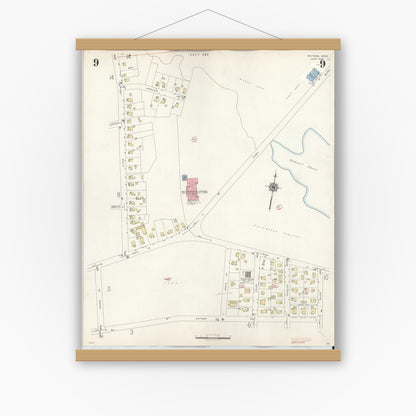 Old map wall art mockup — magnetic wood frame on white wall — Sanborn Fire Insurance Map from Whitman, Plymouth County, Massachusetts (1950), Sheet #0009
