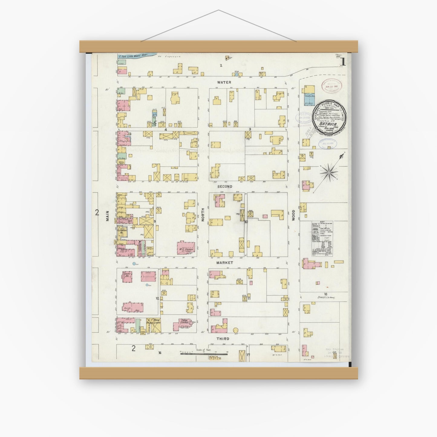 Old map wall art mockup — magnetic wood frame on white wall — Sanborn Fire Insurance Map from Batavia, Clermont County, Ohio (1898), Sheet #0001