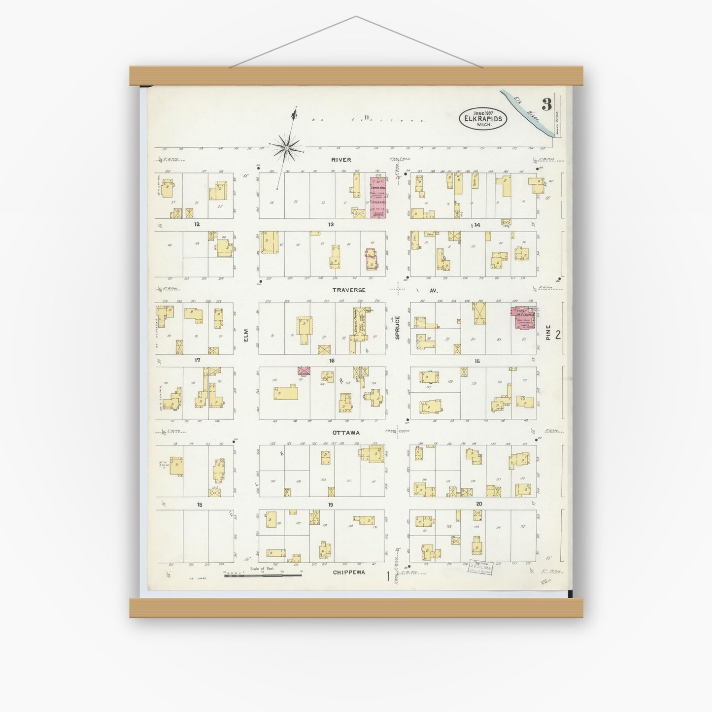 Old map wall art mockup — magnetic wood frame on white wall — Sanborn Fire Insurance Map from Elk Rapids, Antrim County, Michigan (1907), Sheet #0003