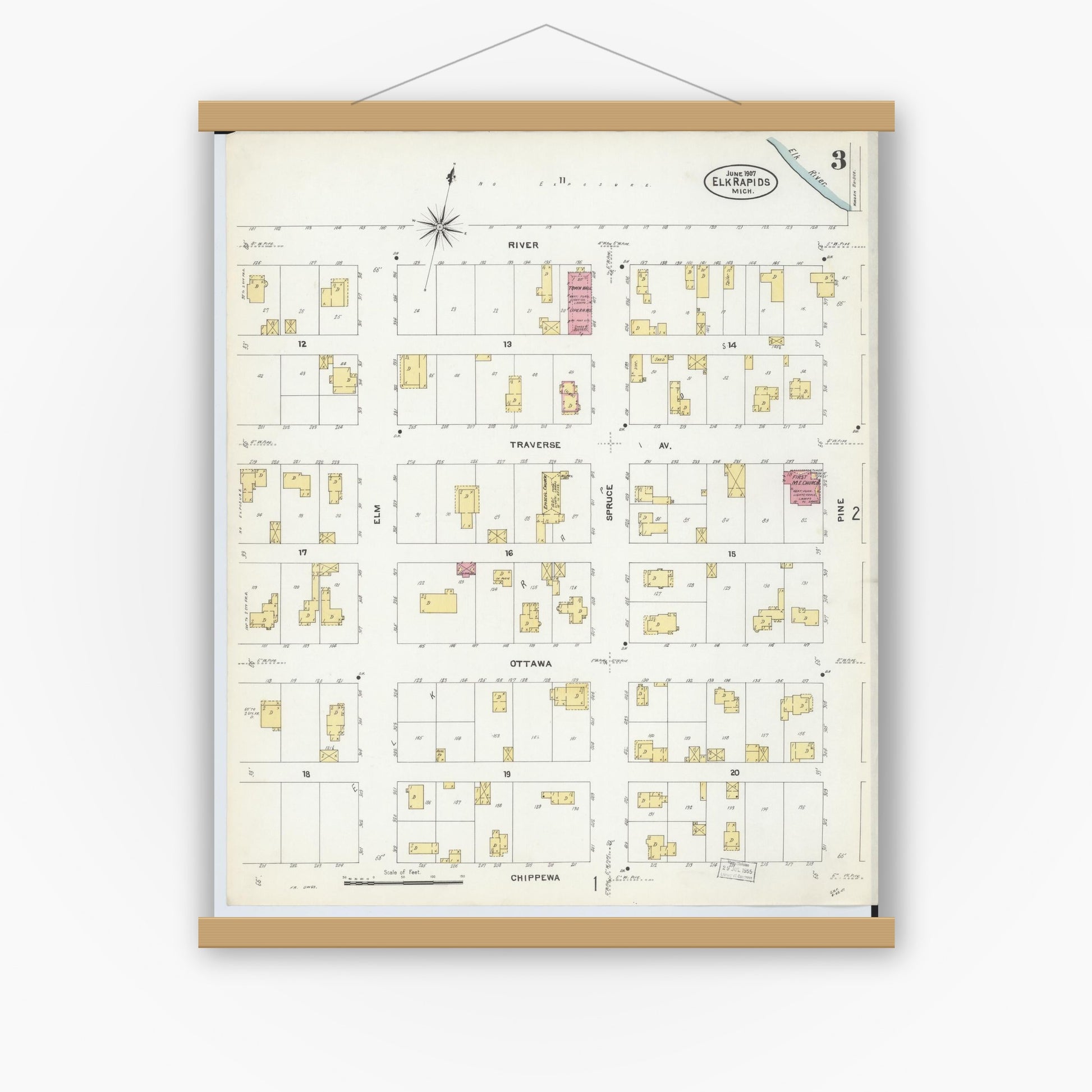 Old map wall art mockup — magnetic wood frame on white wall — Sanborn Fire Insurance Map from Elk Rapids, Antrim County, Michigan (1907), Sheet #0003