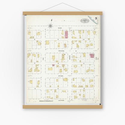 Old map wall art mockup — magnetic wood frame on white wall — Sanborn Fire Insurance Map from Elk Rapids, Antrim County, Michigan (1907), Sheet #0003