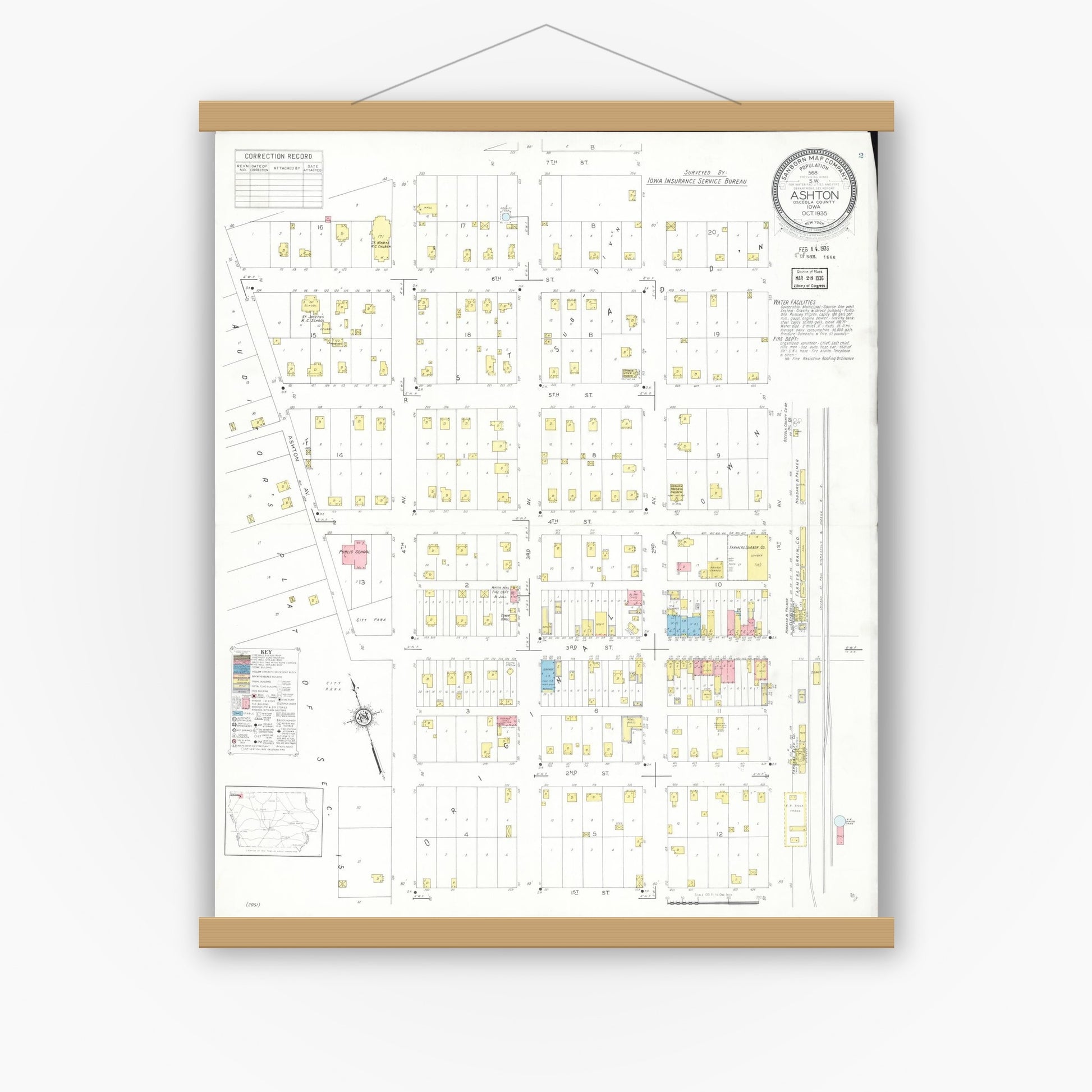 Old map wall art mockup — magnetic wood frame on white wall — Sanborn Fire Insurance Map from Ashton, Osceola County, Iowa (1935), Sheet #0001