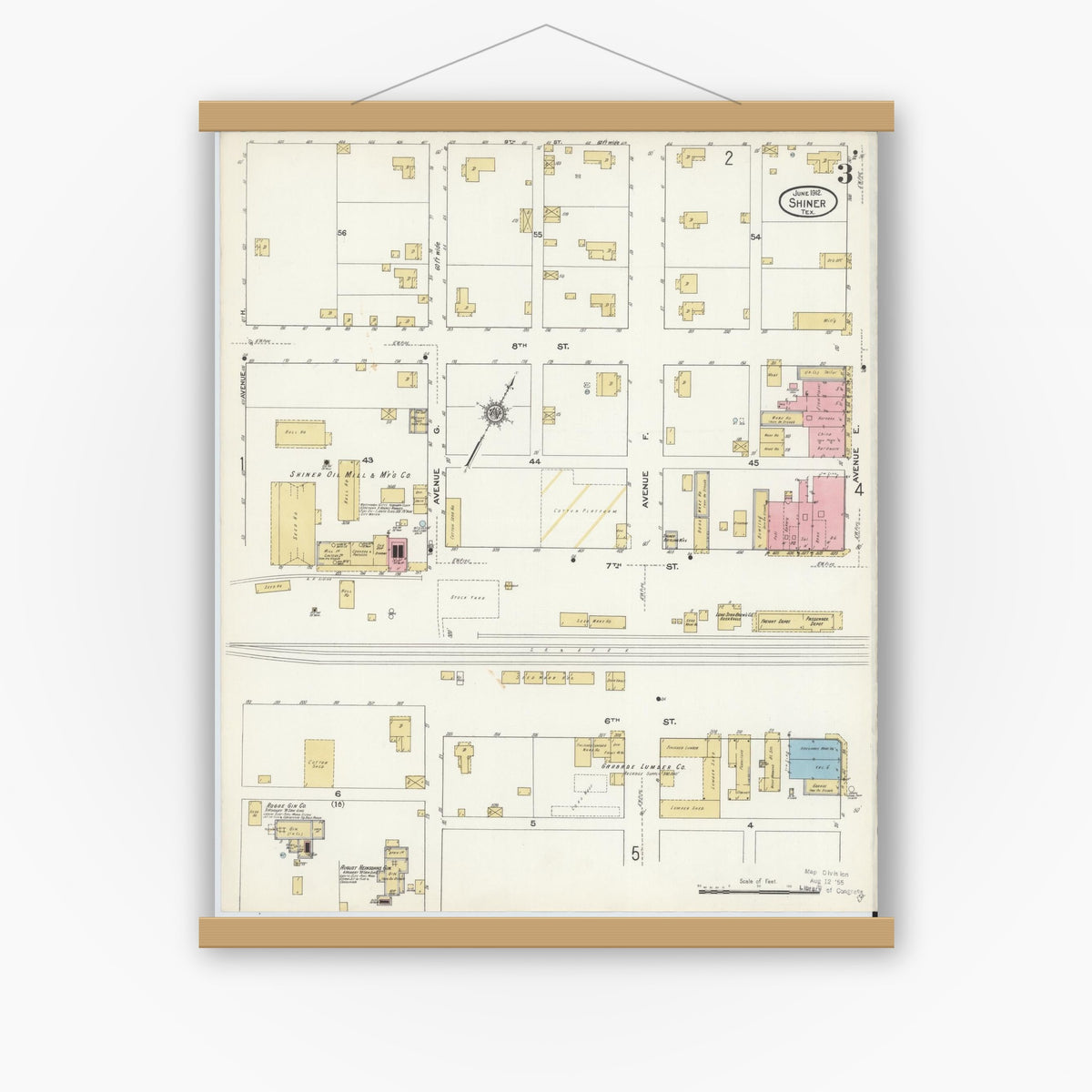 Old map wall art mockup — magnetic wood frame on white wall — Sanborn Fire Insurance Map from Shiner, Lavaca County, Texas (1912), Sheet #0003