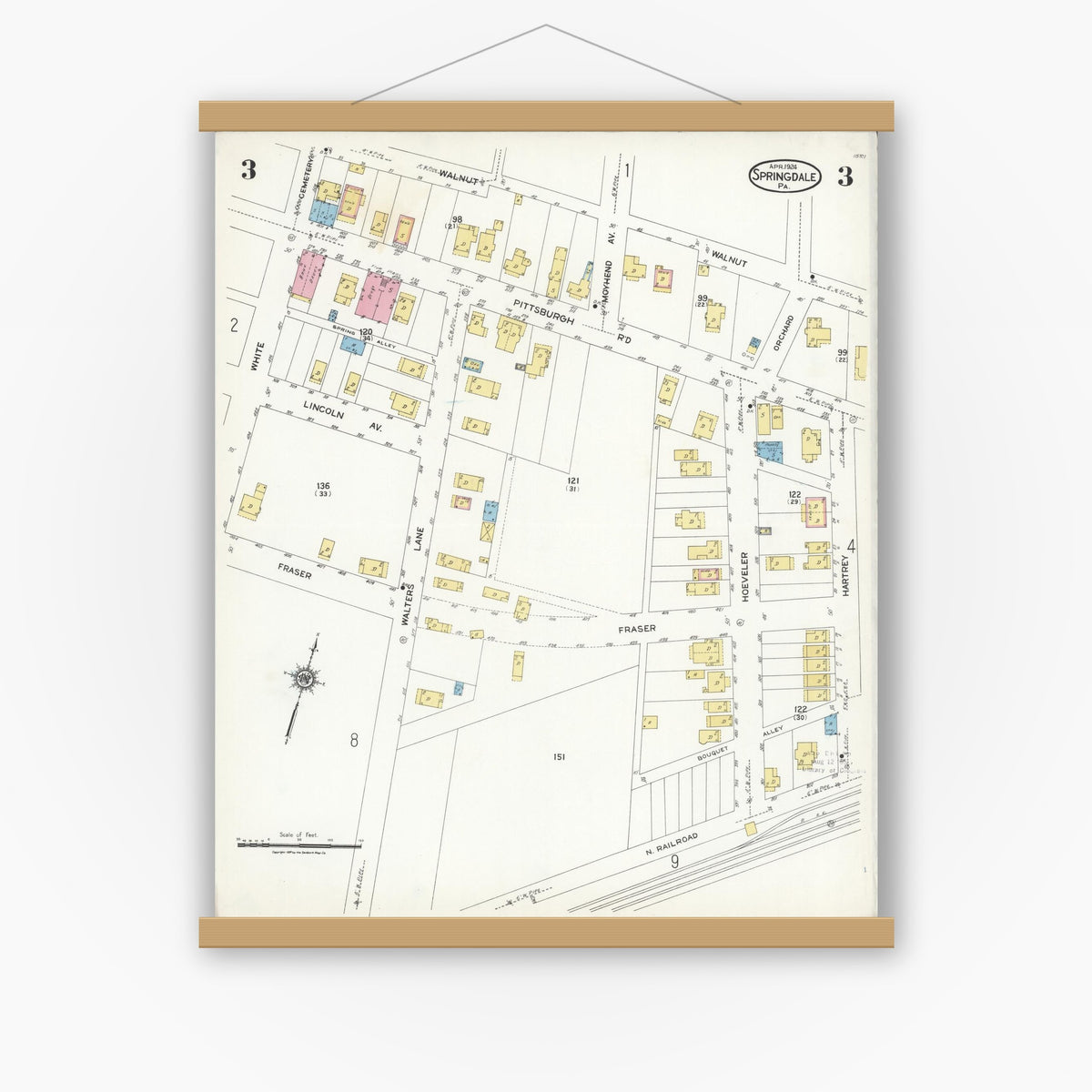 Old map wall art mockup — magnetic wood frame on white wall — Sanborn Fire Insurance Map from Springdale, Allegheny County, Pennsylvania (1924), Sheet #0003