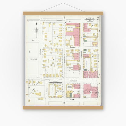 Old map wall art mockup — magnetic wood frame on white wall — Sanborn Fire Insurance Map from Gainesville, Cooke County, Texas (1902), Sheet #0007