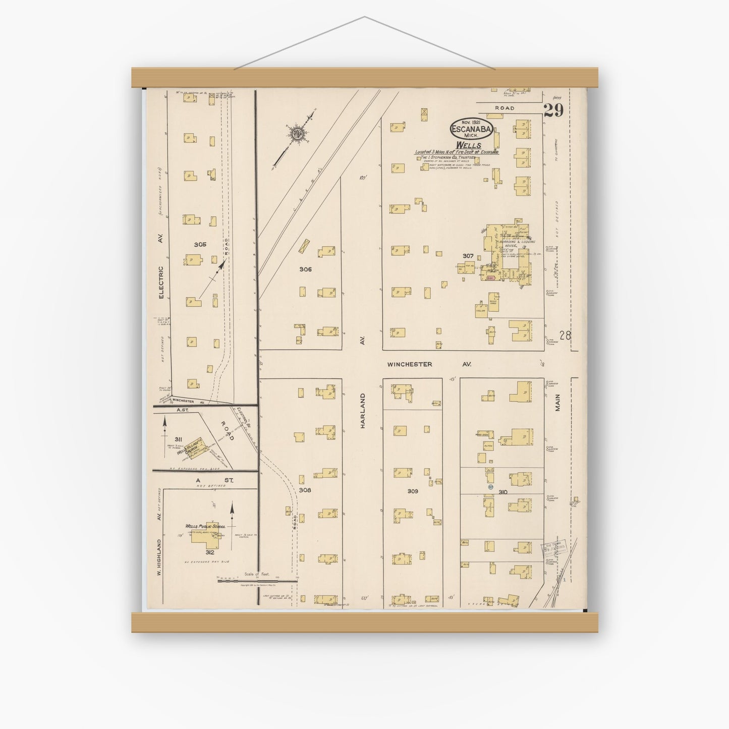Old map wall art mockup — magnetic wood frame on white wall — Sanborn Fire Insurance Map from Escanaba, Delta County, Michigan (1921), Sheet #0029