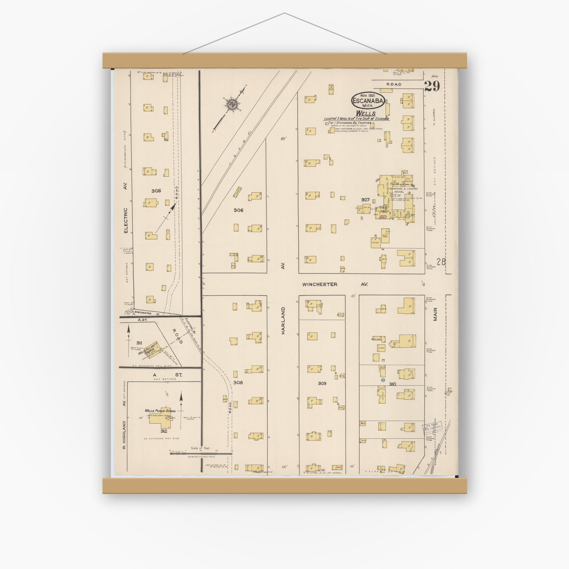 Old map wall art mockup — magnetic wood frame on white wall — Sanborn Fire Insurance Map from Escanaba, Delta County, Michigan (1921), Sheet #0029