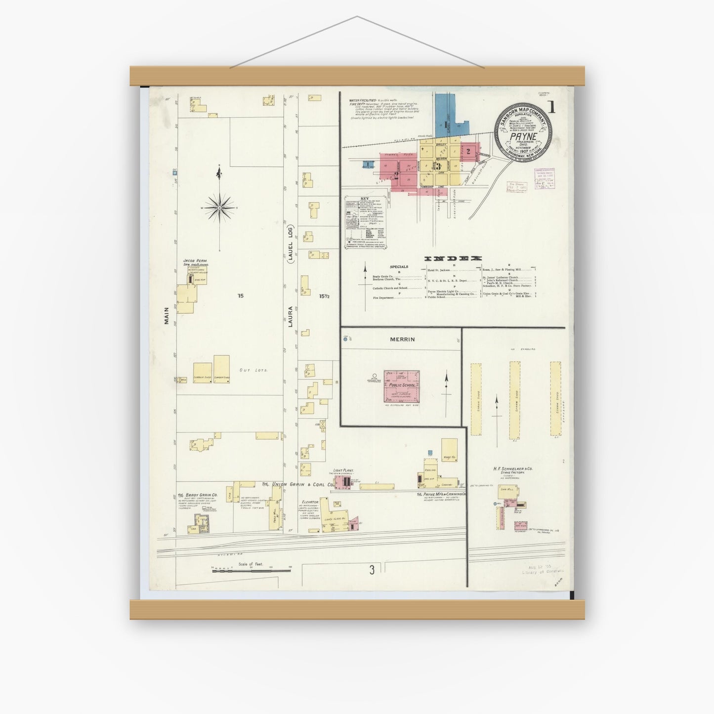 Old map wall art mockup — magnetic wood frame on white wall — Sanborn Fire Insurance Map from Payne, Paulding County, Ohio (1907) - Complete Map Set