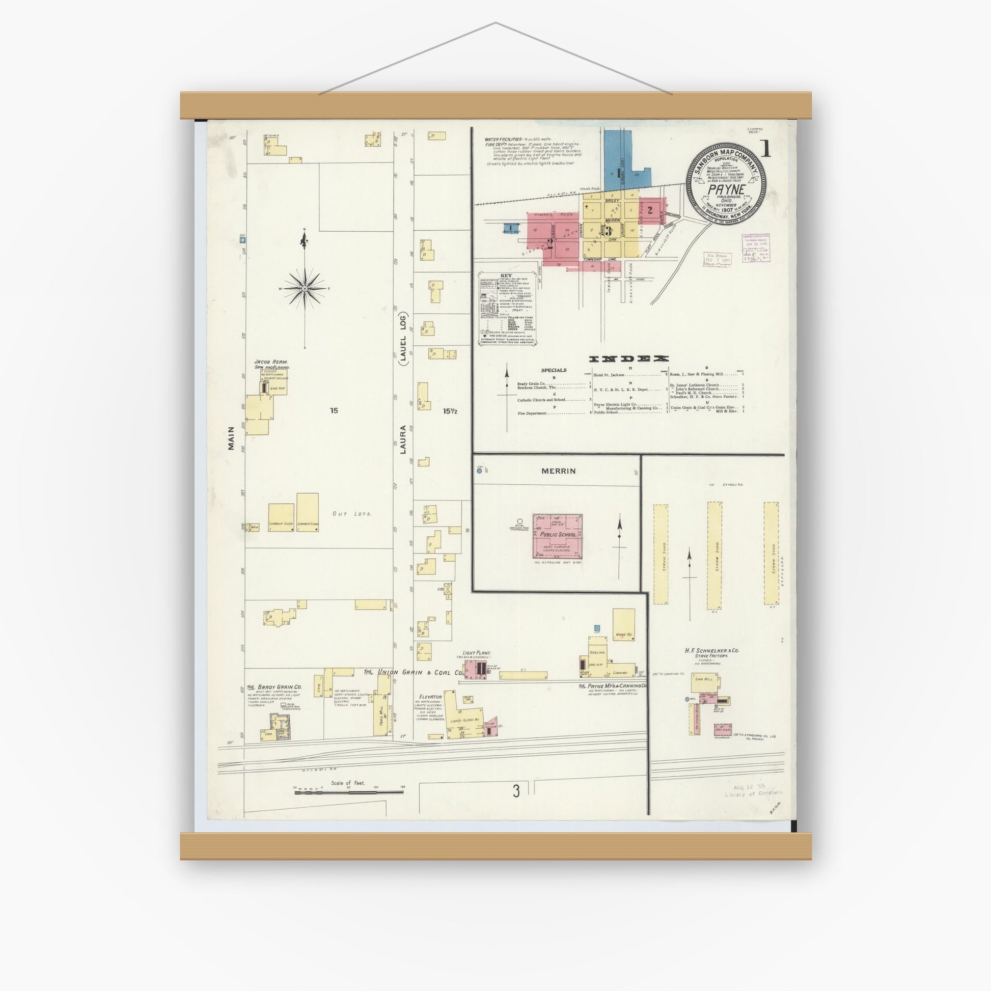Old map wall art mockup — magnetic wood frame on white wall — Sanborn Fire Insurance Map from Payne, Paulding County, Ohio (1907) - Complete Map Set
