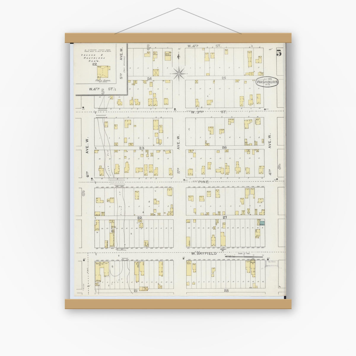 Old map wall art mockup — magnetic wood frame on white wall — Sanborn Fire Insurance Map from Washburn, Bayfield County, Wisconsin (1893), Sheet #0005