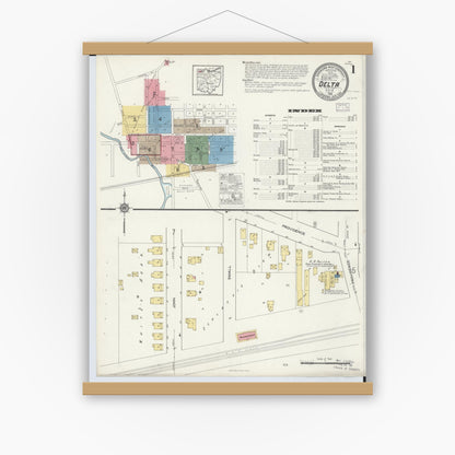 Old map wall art mockup — magnetic wood frame on white wall — Sanborn Fire Insurance Map from Delta, Fulton County, Ohio (1916) - Complete Map Set