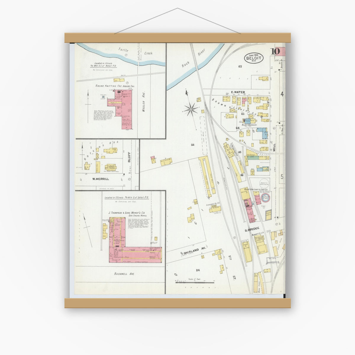 Old map wall art mockup — magnetic wood frame on white wall — Sanborn Fire Insurance Map from Beloit, Rock County, Wisconsin (1902), Sheet #0010