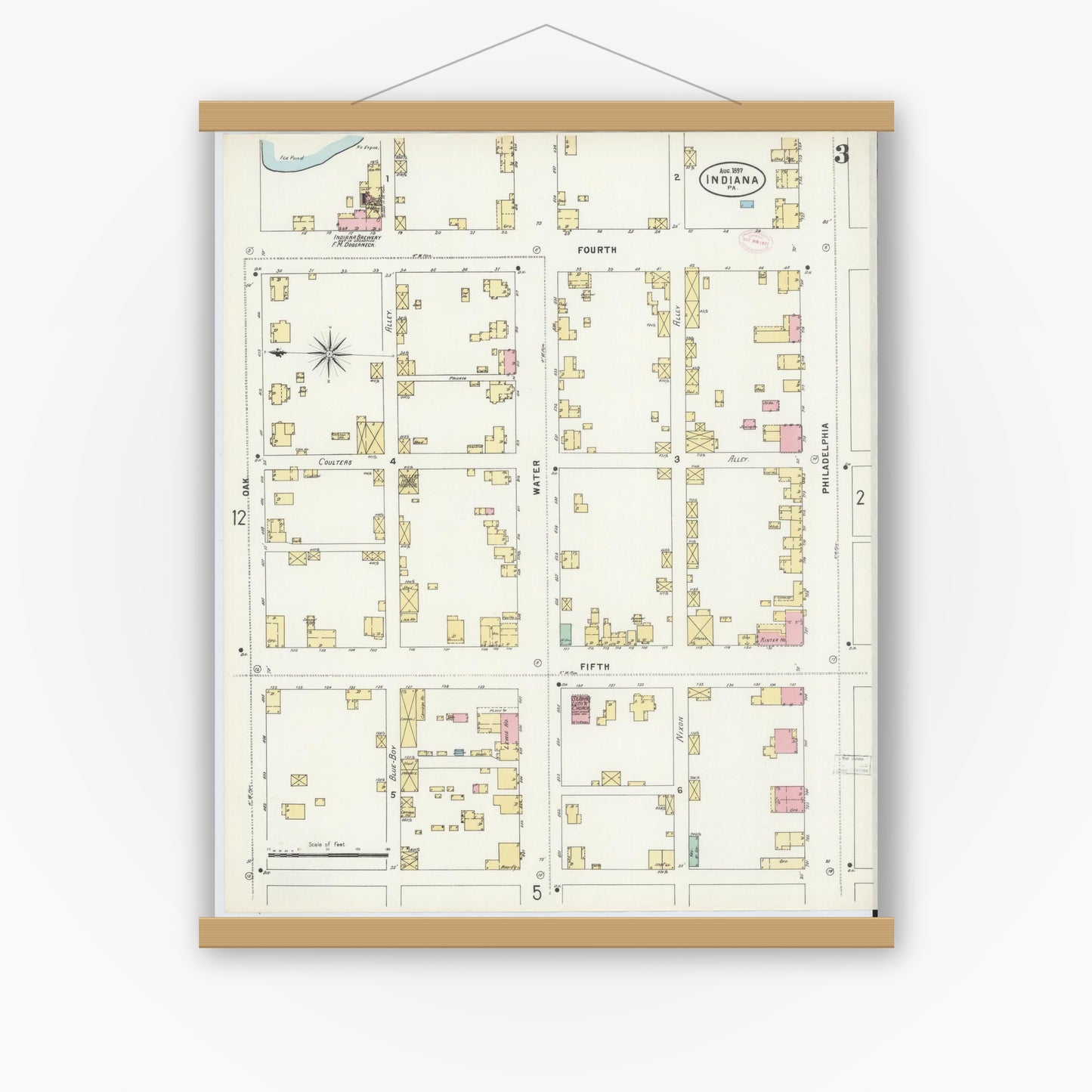 Old map wall art mockup — magnetic wood frame on white wall — Sanborn Fire Insurance Map from Indiana, Indiana County, Pennsylvania (1888), Sheet #0003