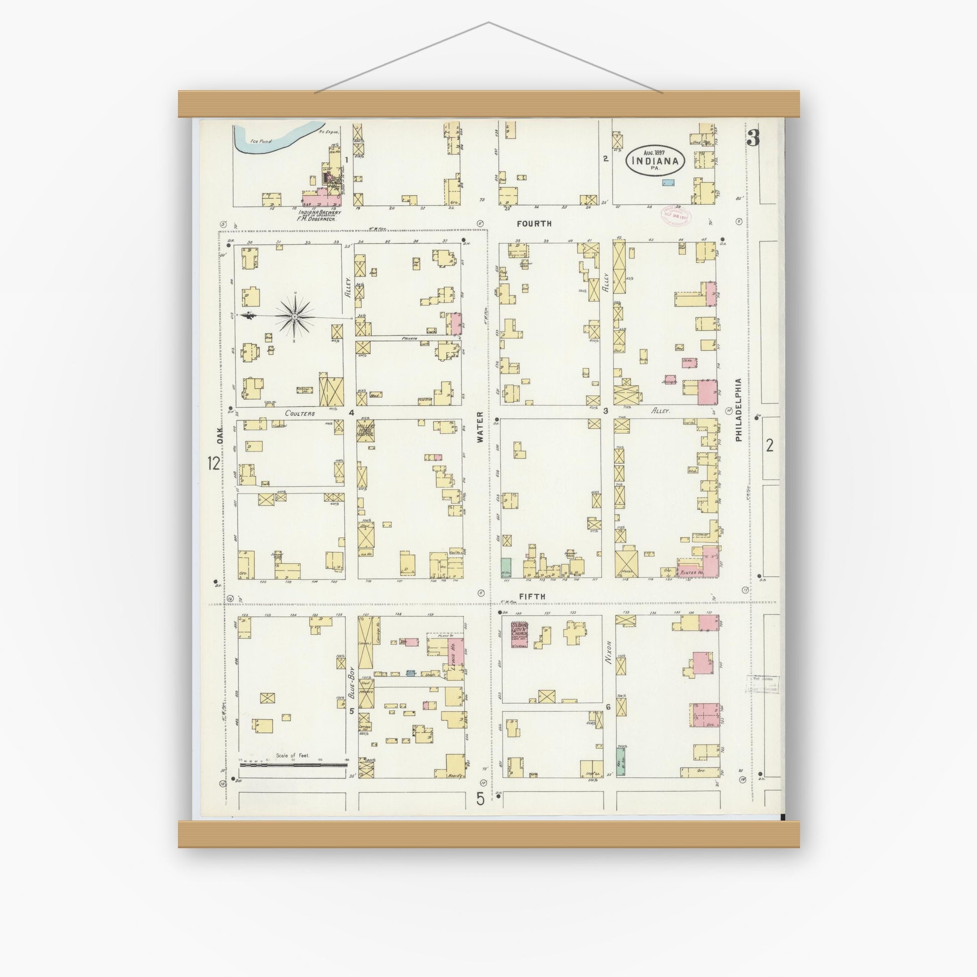 Old map wall art mockup — magnetic wood frame on white wall — Sanborn Fire Insurance Map from Indiana, Indiana County, Pennsylvania (1888), Sheet #0003