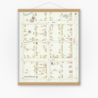 Old map wall art mockup — magnetic wood frame on white wall — Sanborn Fire Insurance Map from Indiana, Indiana County, Pennsylvania (1888), Sheet #0003