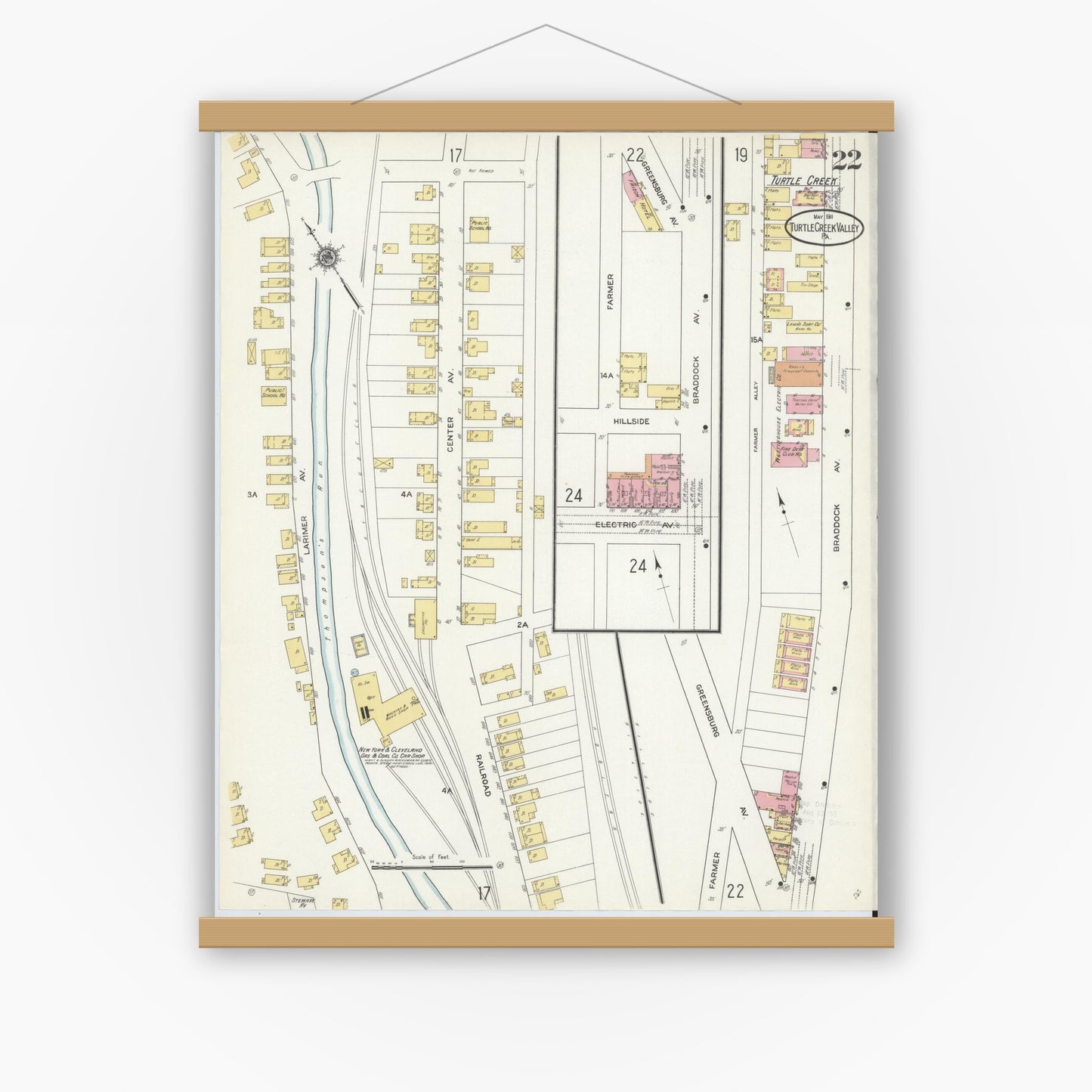 Old map wall art mockup — magnetic wood frame on white wall — Sanborn Fire Insurance Map from Turtle Creek Valley, Allegheny County, Pennsylvania (1911), Sheet #0022