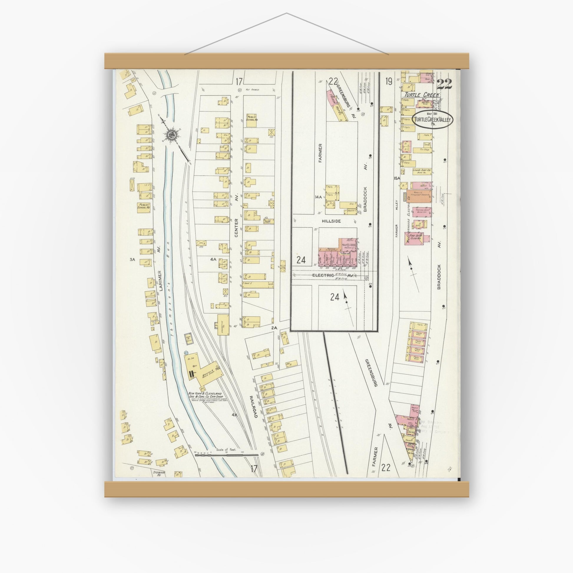 Old map wall art mockup — magnetic wood frame on white wall — Sanborn Fire Insurance Map from Turtle Creek Valley, Allegheny County, Pennsylvania (1911), Sheet #0022