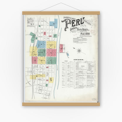 Old map wall art mockup — magnetic wood frame on white wall — Sanborn Fire Insurance Map from Peru, Miami County, Indiana (1899) - Complete Map Set