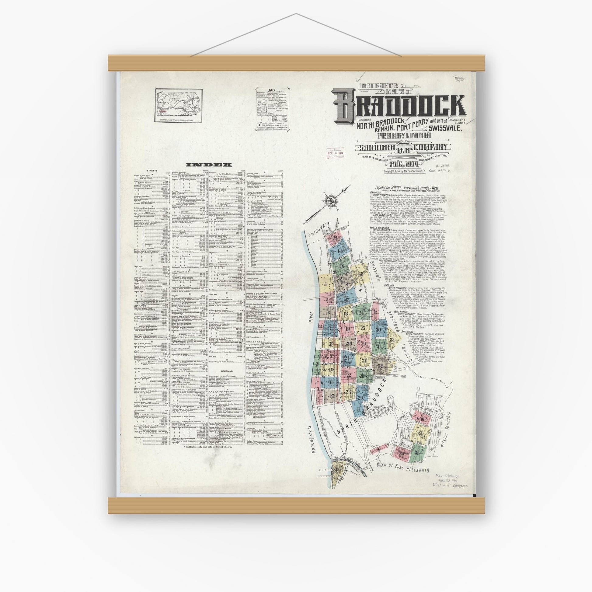 Old map wall art mockup — magnetic wood frame on white wall — Sanborn Fire Insurance Map from Braddock, Allegheny County, Pennsylvania (1914) - Complete Map Set
