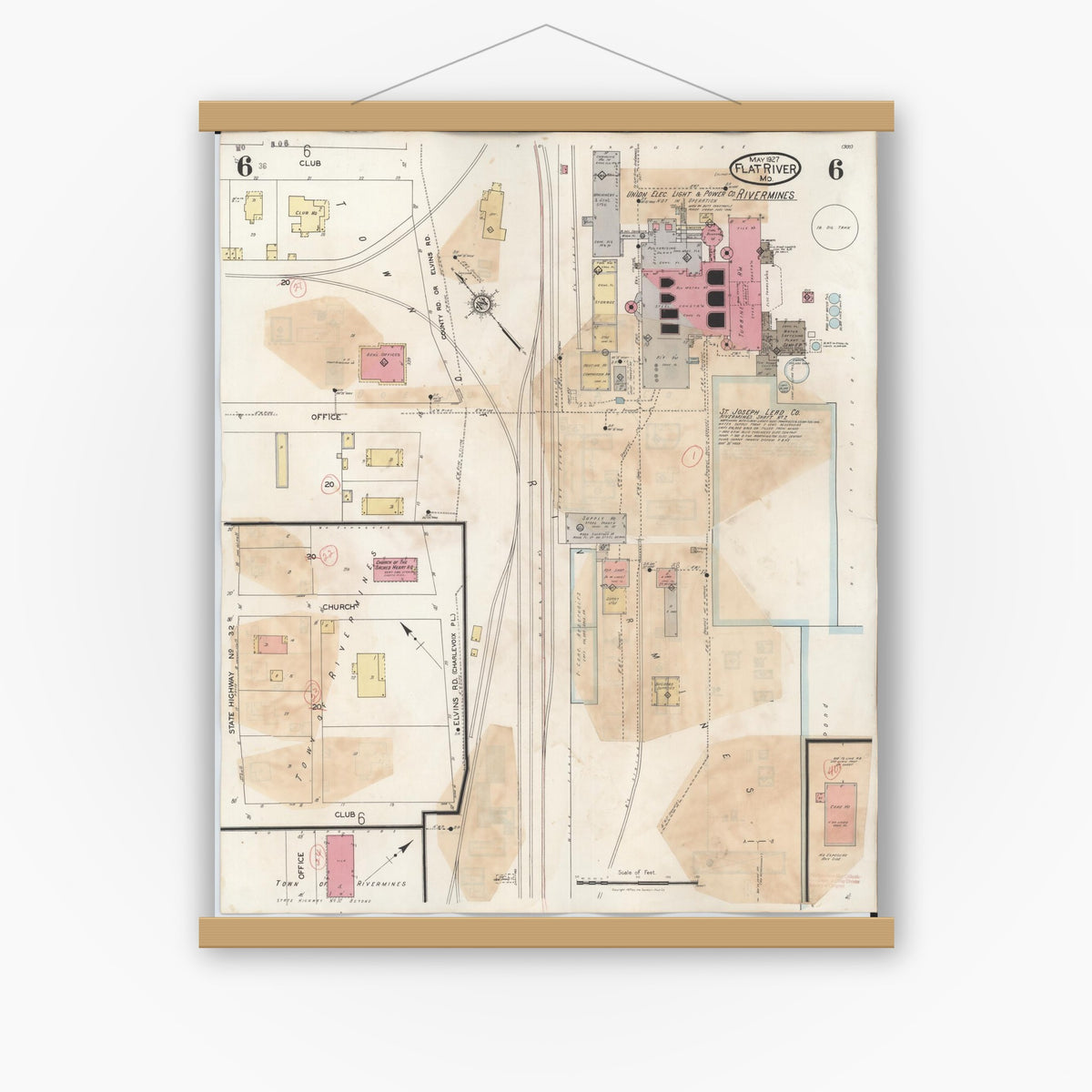 Old map wall art mockup — magnetic wood frame on white wall — Sanborn Fire Insurance Map from Flat River, Saint Francois County, Missouri (1938), Sheet #0006