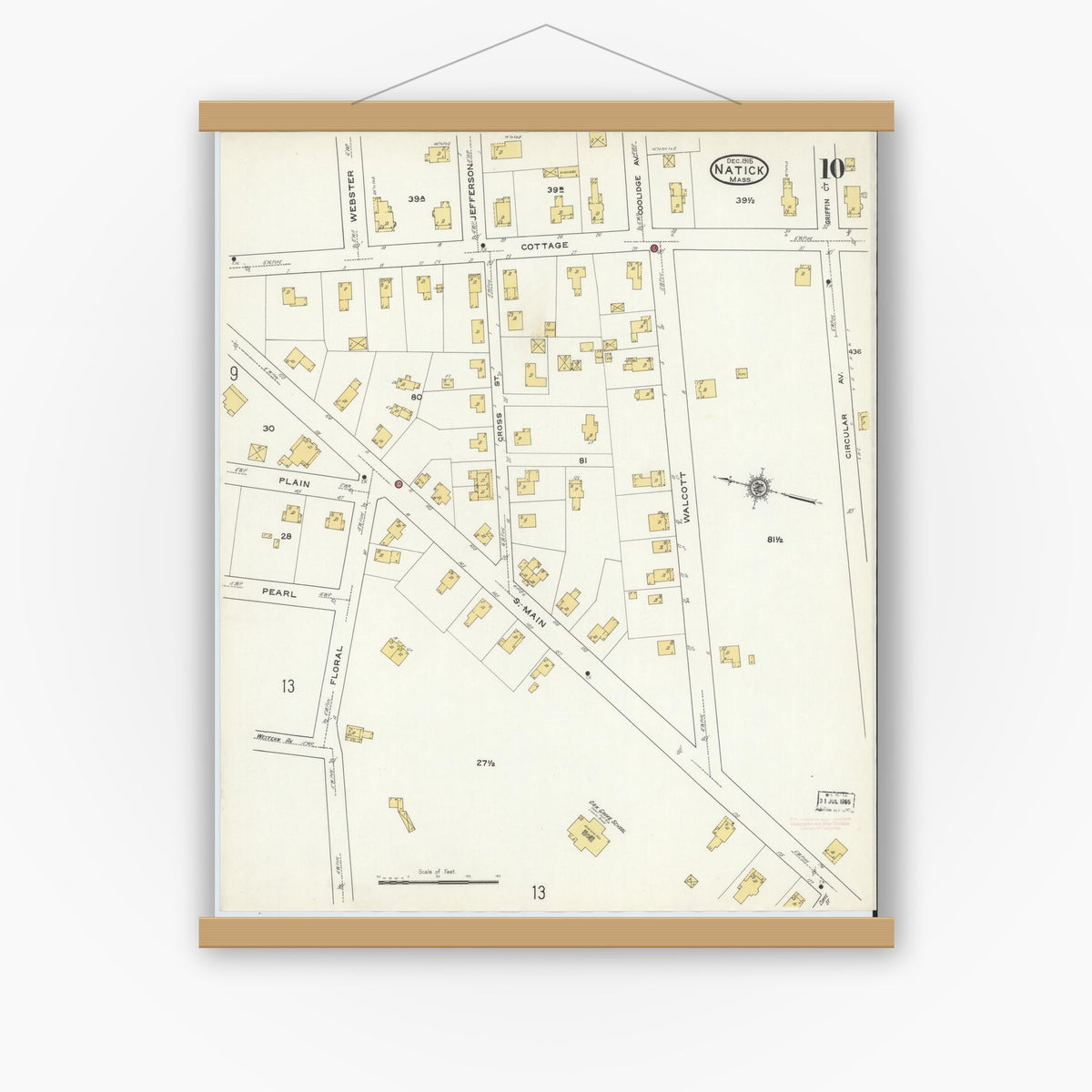 Old map wall art mockup — magnetic wood frame on white wall — Sanborn Fire Insurance Map from Natick, Middlesex County, Massachusetts (1915), Sheet #0010