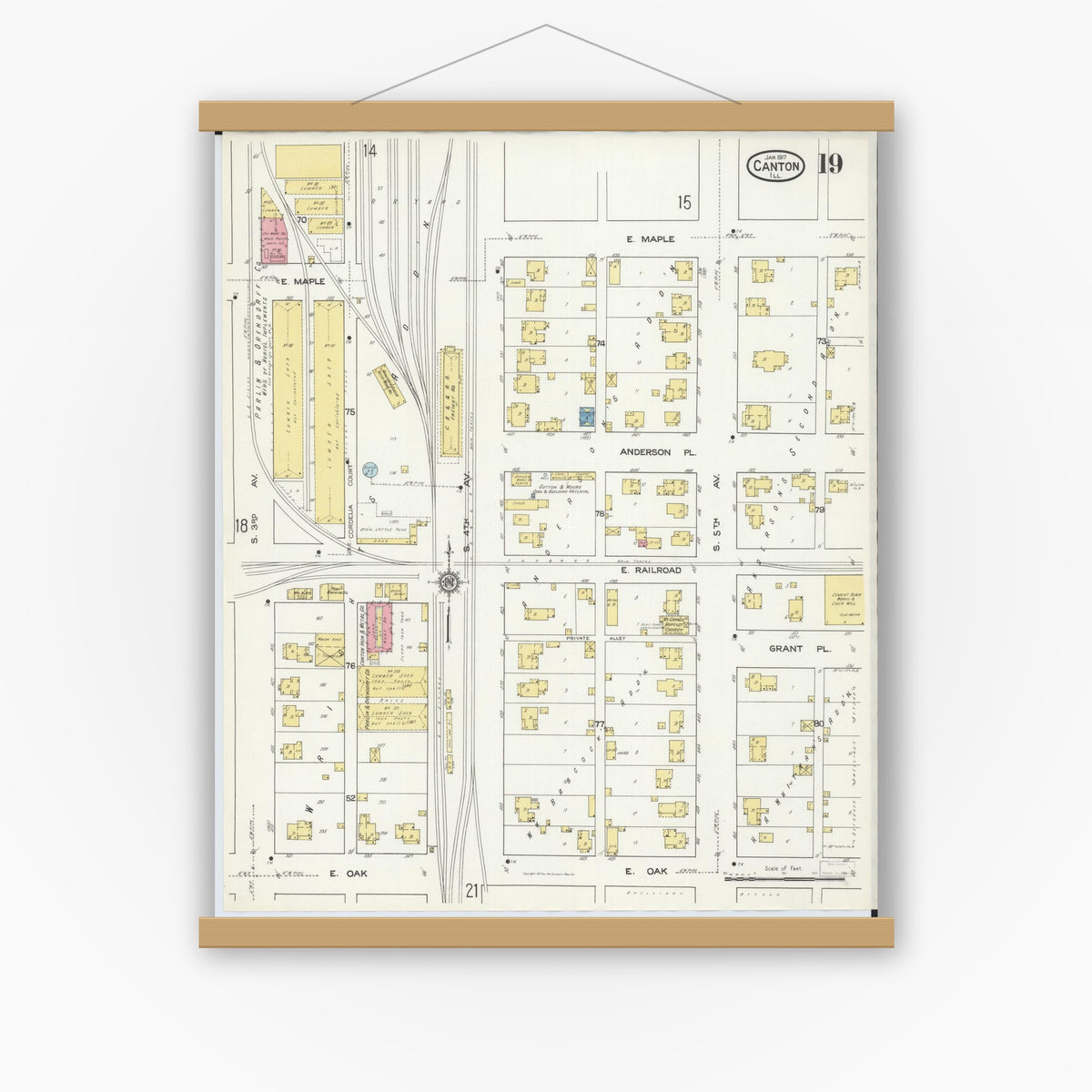 Old map wall art mockup — magnetic wood frame on white wall — Sanborn Fire Insurance Map from Canton, Fulton County, Illinois (1917), Sheet #0019