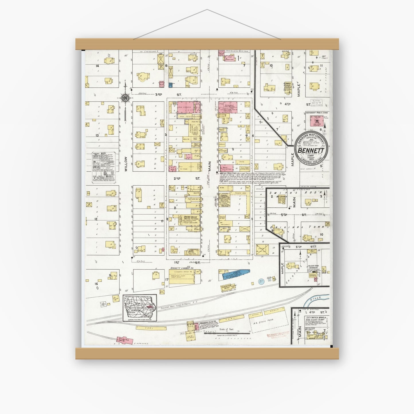 Old map wall art mockup — magnetic wood frame on white wall — Sanborn Fire Insurance Map from Bennett, Cedar County, Iowa (1920), Sheet #0001